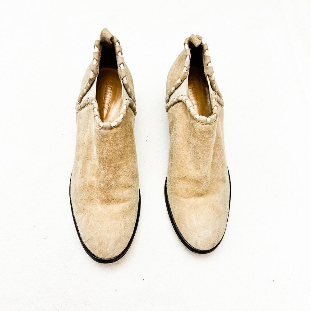 Schutz Cream Suede Cutout Boots Slip On Almond Toe Size 6.5